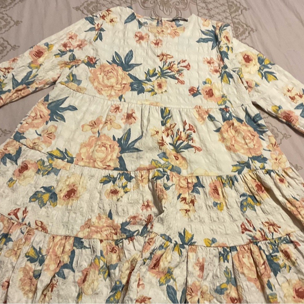 Zara Floral High Low Dress in Cream and Blue